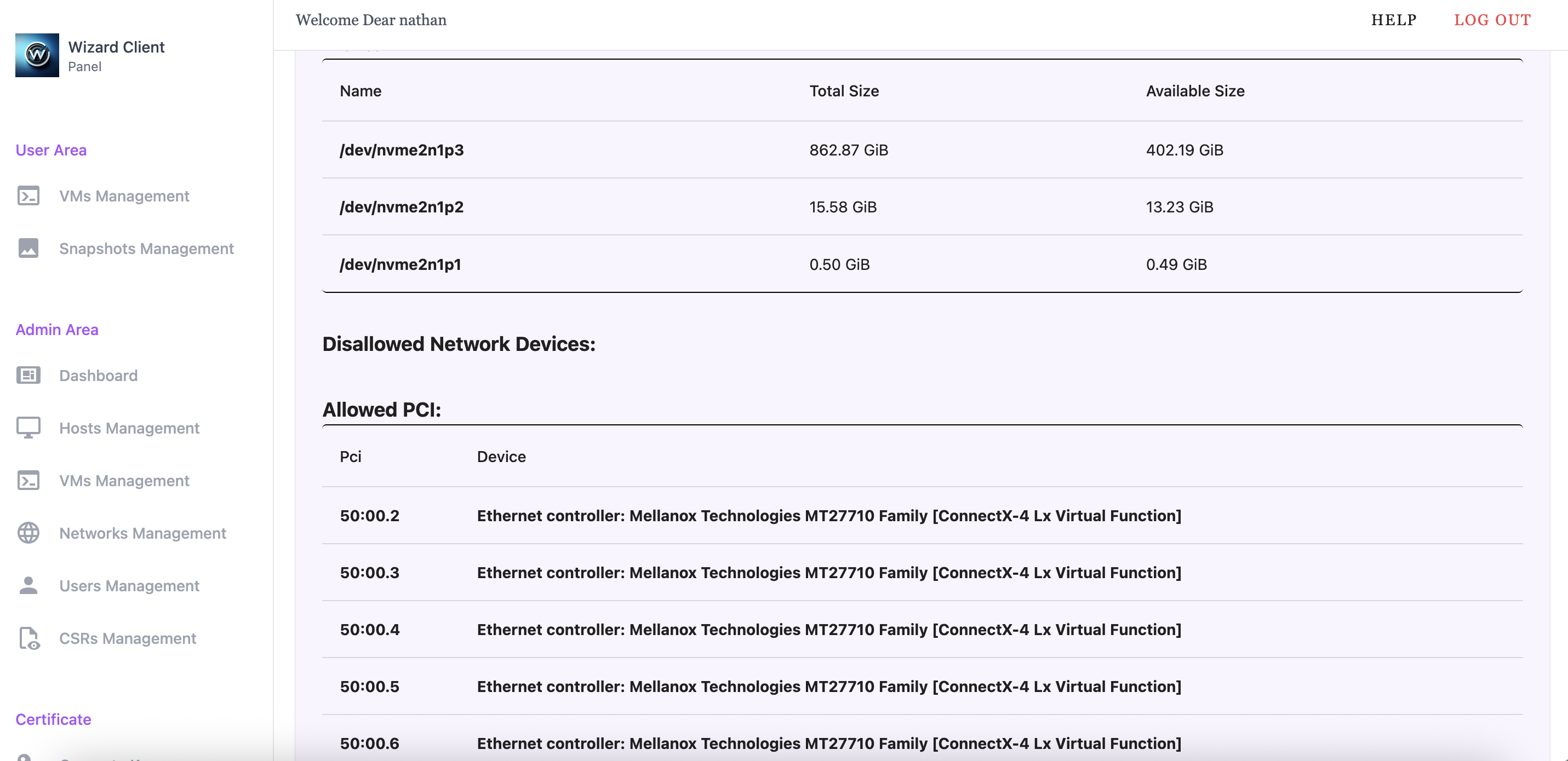 An example of Wizard Client Web UI showing a host&#39;s allowed PCI devices that can be used for PCI pass-through