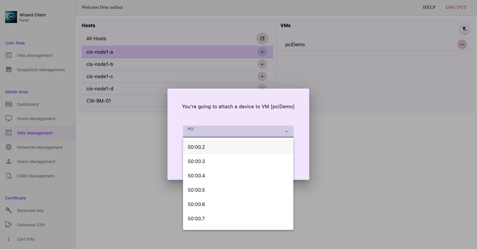 An example of Wizard Client Web UI showing the allowed PCI device drop down list after the user has clicked on attach PCI.
