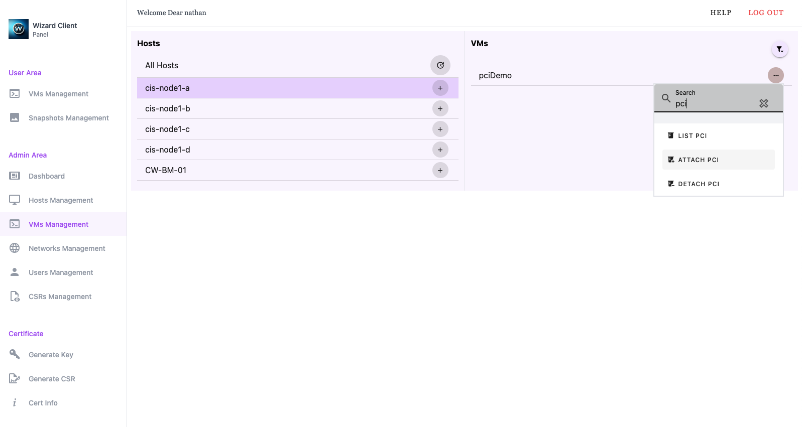 An example of Wizard Client Web UI showing where to access the attach PCI.