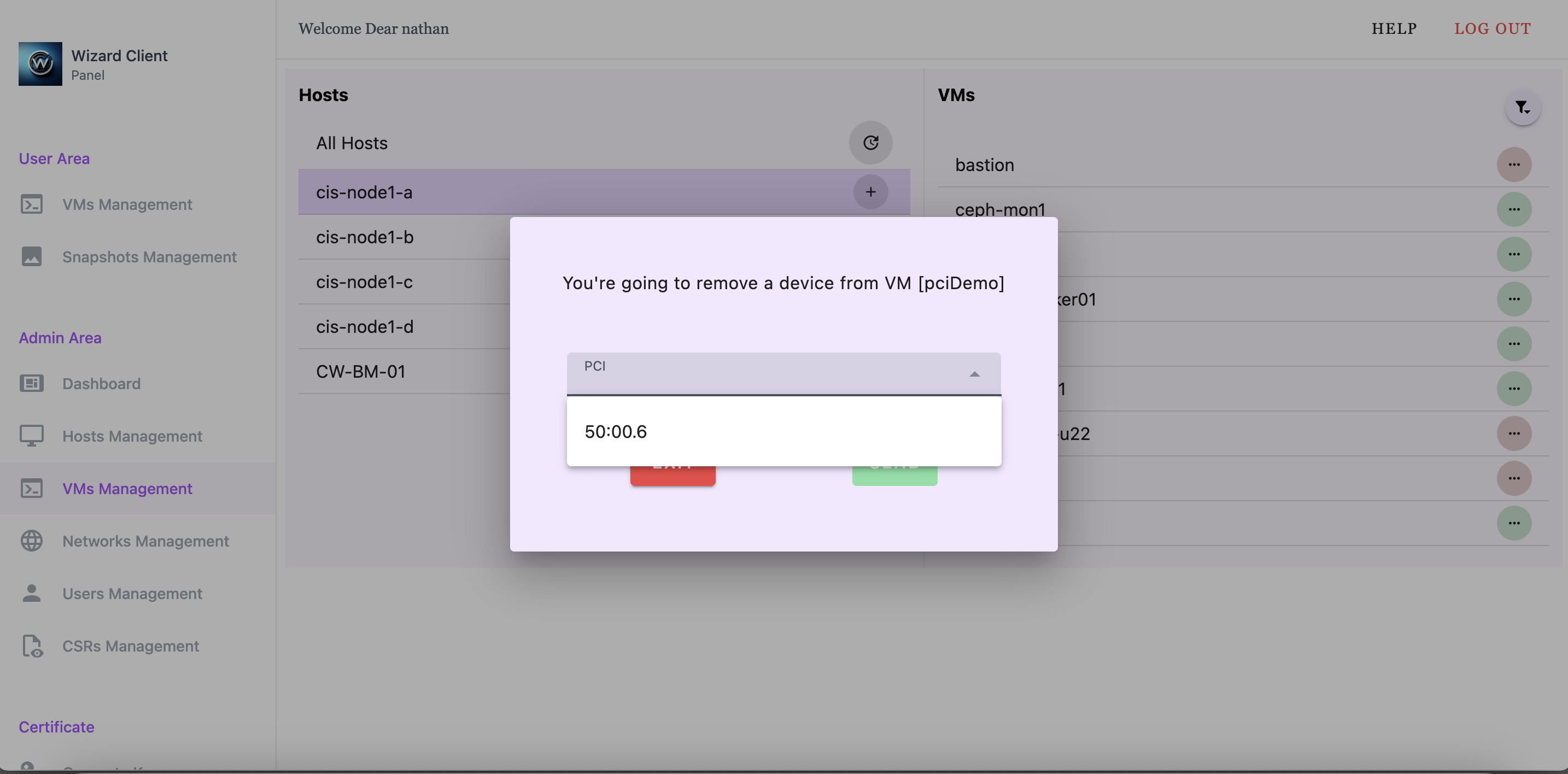 An example of Wizard Client Web UI showing a list of PCI devices to detach from a VM after the user has clicked on detach PCI.
